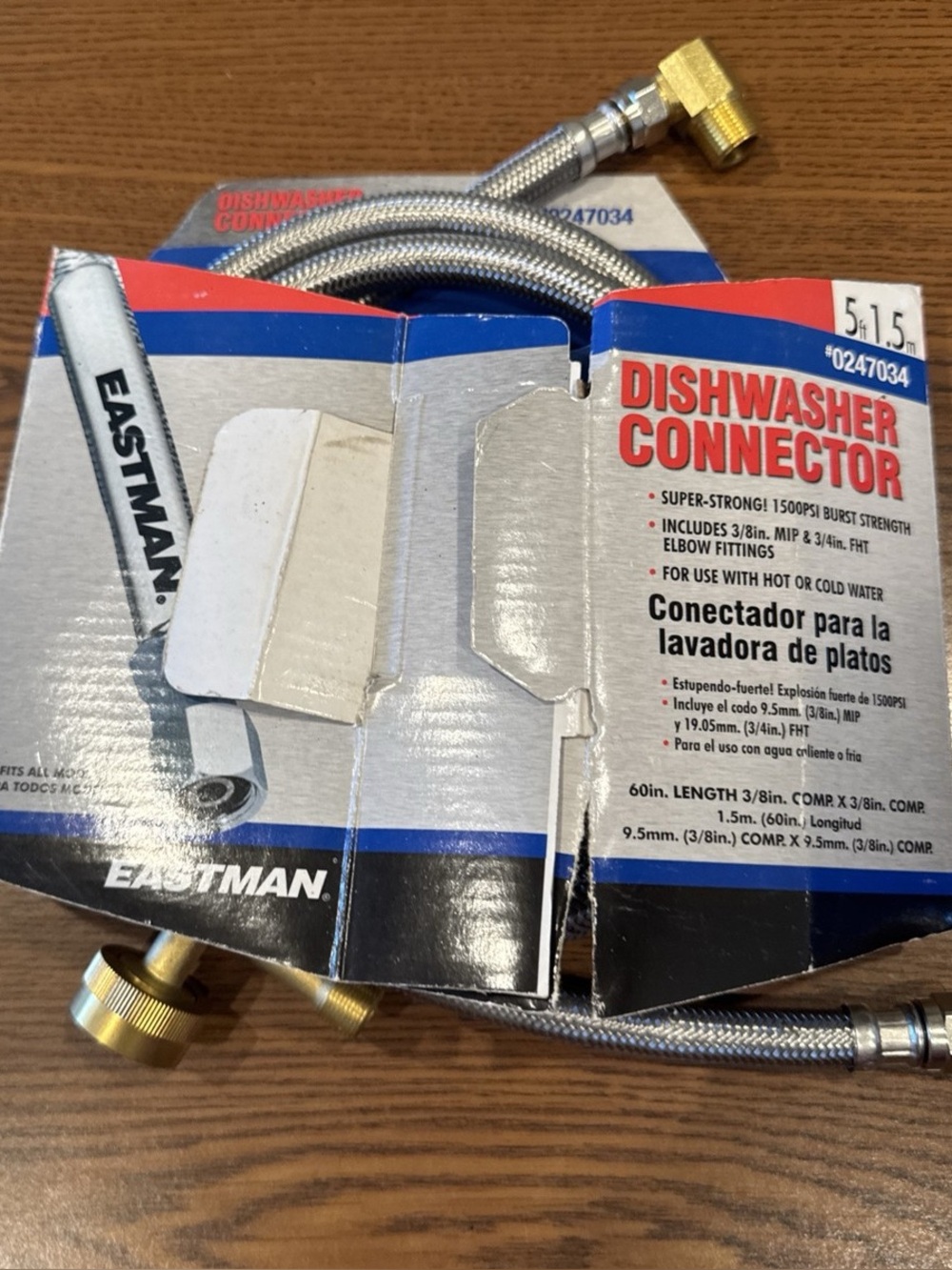 Eastman Stainless Steel Dishwasher Connector, 5 ft., with Solid Brass